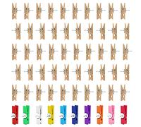 60 Pushpins with Wood Clips, 50pcs Wood Color Clips, 10pcs Pushpins for Display Wall, Suitable for Office, School, Home Display