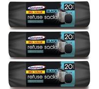 60 Refuse Sacks with Drawstrings for easy closure highly tear resistant Kitchen Liners Everyday use Black Waste Rubbish Sacks 50L capacity (x3 Rolls of 20 Bin Bags each)