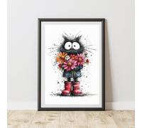 60 SECOND MAKEOVER Black Cat Bunch Of Flowers Print Poster Wall Art | Size: A3 60 SECOND MAKEOVER Multicolor A3