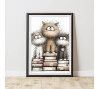 60 SECOND MAKEOVER Cat On Books Print Poster Wall Art | Size: A3 60 SECOND MAKEOVER Multicolor A3
