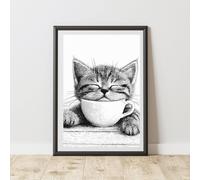 60 SECOND MAKEOVER Cat With Coffee Print Poster Wall Art | Size: A4 60 SECOND MAKEOVER Multicolor A4