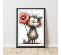 60 SECOND MAKEOVER Cat With Poppy Print Poster Wall Art | Size: A4 60 SECOND MAKEOVER Multicolor A4