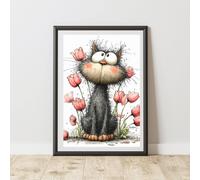 60 SECOND MAKEOVER Cat With Tulip Print Poster Wall Art | Size: A4 60 SECOND MAKEOVER Multicolor A4