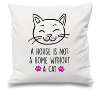 60 SECOND MAKEOVER Cushion Cover A House Is Not A Home Without A Cat 16" x 16" in White | Size: 40 cm x 40 cm 60 SECOND MAKEOVER White 40 cm x 40 cm
