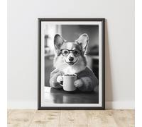 60 SECOND MAKEOVER Funny Corgi Drinking Coffee Print | Size: A4 60 SECOND MAKEOVER Multicolor A4