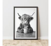 60 SECOND MAKEOVER Funny Highland Cow Drinking Coffee Print | Size: A4 60 SECOND MAKEOVER Multicolor A4