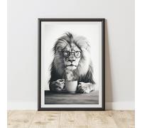 60 SECOND MAKEOVER Funny Lion Drinking Coffee Print | Size: A4 60 SECOND MAKEOVER Multicolor A4