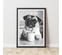 60 SECOND MAKEOVER Funny Pug Drinking Coffee Print | Size: A4 60 SECOND MAKEOVER Multicolor A4