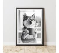 60 SECOND MAKEOVER Funny Shiba Inu Drinking Coffee Print | Size: A3 60 SECOND MAKEOVER Multicolor A3
