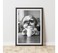 60 SECOND MAKEOVER Funny Shih Tzu Drinking Coffee Print | Size: A4 60 SECOND MAKEOVER Multicolor A4