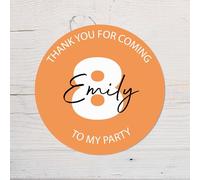 60 Second Makeover Limited 25 x Orange Personalised Name and Number Birthday Vinyl Stickers, Thank You for Coming Circle Stickers Custom Waterproof Party Bag Labels Sweet Cone Labels 4.5cm