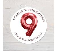 60 Second Makeover Limited 25 x Personalised 9th Birthday Vinyl Stickers, Thank You for Coming Circle Stickers Custom Waterproof Party Bag Labels Sweet Cone Labels 4.5cm - Red