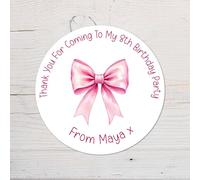 60 Second Makeover Limited 25 x Pink Bow Personalised Birthday Vinyl Stickers, Thank You for Coming Circle Stickers Custom Waterproof Party Bag Labels Sweet Cone Labels 4.5cm