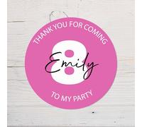 60 Second Makeover Limited 25 x Pink Personalised Name and Number Birthday Vinyl Stickers, Thank You for Coming Circle Stickers Custom Waterproof Party Bag Labels Sweet Cone Labels 4.5cm