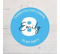 60 Second Makeover Limited 25 x Sky Blue Personalised Name and Number Birthday Vinyl Stickers, Thank You for Coming Circle Stickers Custom Waterproof Party Bag Labels Sweet Cone Labels 4.5cm