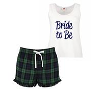 60 Second Makeover Limited Bride to Be Ladies Tartan Frill Short Pyjama Set Red Blue or Green Blue Wedding Night Size - XS