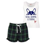 60 Second Makeover Limited Frenchie Being Normal Is Boring Ladies Tartan Frill Short Pyjama Set Red Blue or Green Blue