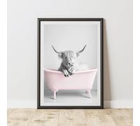 60 Second Makeover Limited Funny Highland Cow Print Black And White PRINT ONLY NO FRAME - Highland Cow In The Bath - A3