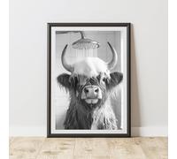60 Second Makeover Limited Funny Highland Cow Print Black And White PRINT ONLY NO FRAME - Highland Cow In Shower PRINT1F - A3