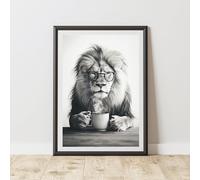 60 Second Makeover Limited Funny Lion Drinking Coffee Print Wall Art Office Accessories Posters & Prints Decorative Home Accessories Kitchen Wall Art Pictures Coffee Gifts No Frame - A3