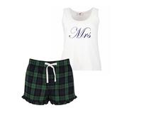 60 Second Makeover Limited Mr and Mrs Couples Matching Pyjama Tartan Set Ladies, Green Tartan Frill Shorts Size - L