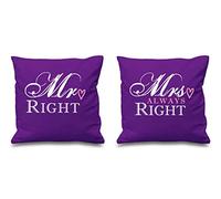 60 Second Makeover Limited Mr Right Mrs Always Right Purple Cushion Covers 16" x 16" Couples Cushions Valentines Wedding Anniversary Bedroom Decora