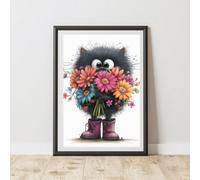 60 Second Makeover Limited Quirky Cat With Bunch Of Flowers Print Poster Wall Art A3 Size