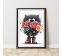 60 Second Makeover Limited Quirky Cat With Bunch Of Flowers Print Poster Wall Art Wall Prints Cute Room Decor Nursery Decor Bedroom Accessories Posters Pictures Black Cat Gifts Nursery Decoration - A3