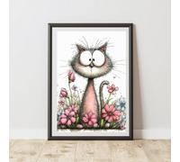 60 Second Makeover Limited Quirky Cat With Flowers Print Poster Wall Art A3 Size