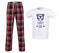 60 Second Makeover Limited Staffy Dad Tartan Trouser Mens Pyjamas Set Fathers Day Pet Clothes Dog Dad Gifts Staffy Gifts For Men Pjs Staffordshire Bull Terrier Red - M
