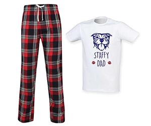 60 Second Makeover Limited Staffy Dad Tartan Trouser Mens Pyjamas Set Fathers Day Pet Clothes Dog Dad Gifts Staffy Gifts For Men Pjs Staffordshire Bull Terrier Red - L