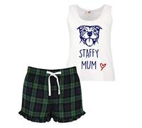 60 Second Makeover Limited Staffy Mum Ladies Tartan Frill Short Women Pyjama Set Staffordshire Bull Terrier Pyjamas for Women Dog Mum Pjs Pjama Pajamas Set Green Large