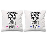 Staffy Mum Dad White Cushion Covers 16" x 16" Couples Cushions Staffordshire Bull Terrier 60 SECOND MAKEOVER White 40cm x 40cm