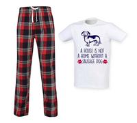 60 SECOND MAKEOVER Men's A House Is Not A Home Without A Sausage Dog Tartan Trouser Pyjamas Set in Red | Size: Small 60 SECOND MAKEOVER Red S