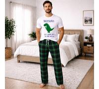60 SECOND MAKEOVER Men's Baldy Dinosaur Tartan Pyjama Set in Green | Size: Medium 60 SECOND MAKEOVER Green M