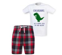 60 SECOND MAKEOVER Men's Coachsaurus Coach Dinosaur Tartan Pyjama Set in Red | Size: 2XL 60 SECOND MAKEOVER Red 2XL