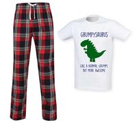 60 Second Makeover Limited Mens Grumpysaurus Grumpy Dinosaur Tartan Pyjama Set Size - L Red