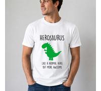 60 SECOND MAKEOVER Men's Heroasaurus, Like A Normal Hero But More Awesome Dinosaur T-Shirt in White | Size: XL 60 SECOND MAKEOVER White XL