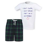 60 SECOND MAKEOVER Men's I Don't Snore I Just Dream I'm A Motorbike Tartan Short Pyjama Set in Green | Size: Small 60 SECOND MAKEOVER Green S