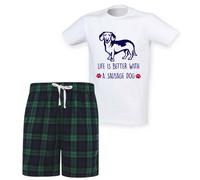 60 SECOND MAKEOVER Men's Life Is Better With A Sausage Dog Tartan Short Pyjama Set in Green | Size: Medium 60 SECOND MAKEOVER Green M