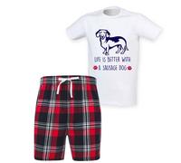 60 SECOND MAKEOVER Men's Life Is Better With A Sausage Dog Tartan Short Pyjama Set in Red | Size: Medium 60 SECOND MAKEOVER Red M
