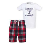 60 SECOND MAKEOVER Men's Personalised With The ... Surname Tartan Short Pyjamas Set in Red | Size: Medium 60 SECOND MAKEOVER Red M