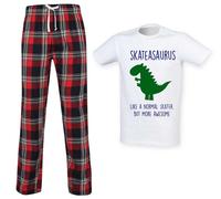 60 SECOND MAKEOVER Men's Skatersaurus Skater Dinosaur Tartan Pyjama Set in Red | Size: Large 60 SECOND MAKEOVER Red L
