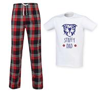 60 Second Makeover Limited Staffy Dad Tartan Trouser Mens Pyjamas Set Fathers Day Pet Clothes Dog Dad Gifts Staffy Gifts For Men Pjs Staffordshire Bull Terrier Red - L