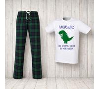 60 SECOND MAKEOVER Men's Teacher Dinosaur Tartan Pyjama Set in Green | Size: XL 60 SECOND MAKEOVER Green XL