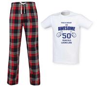 60 SECOND MAKEOVER Men's This Is What An Awesome 50 Year Old Looks Like Tartan Pyjama Set in Red | Size: 2XL 60 SECOND MAKEOVER Red 2XL