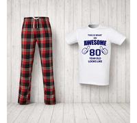 60 SECOND MAKEOVER Men's This Is What An Awesome 80 Year Old Looks Like Tartan Pyjama Set in Red | Size: 2XL 60 SECOND MAKEOVER Red 2XL