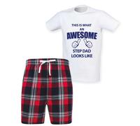 60 SECOND MAKEOVER Men's This Is What An Awesome Step Dad Looks Like Tartan Short Pyjama Set in Red | Size: XL 60 SECOND MAKEOVER Red XL