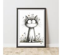 60 SECOND MAKEOVER Quirky Cat With Daisies Print Poster Wall Art | Size: A3 60 SECOND MAKEOVER Multicolor A3