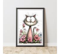 60 SECOND MAKEOVER Quirky Cat With Flowers Print Poster Wall Art | Size: A4 60 SECOND MAKEOVER Multicolor A4